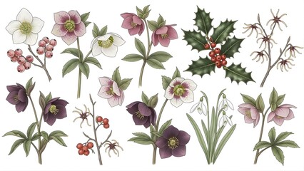 Botanical Illustration of Winter Flowers and Berries Featuring Hellebores and Holly