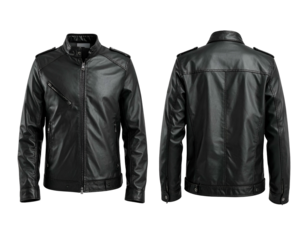 Sleek black leather jacket, front and back views (1)