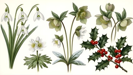 Vintage Botanical Illustration of Winter Flowers and Holly