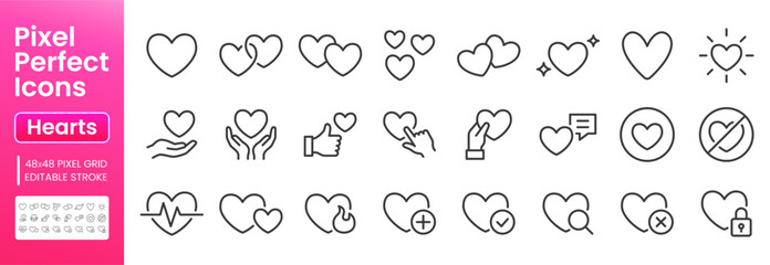 Valentine day line icon set. Heart romantic shape, love, passion, relationship, charity giving minimal vector illustrations. Simple outline signs for social media. 48x48 Pixel Perfect Editable Stroke