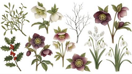 Beautiful Botanical Illustration Featuring Winter Flowers and Seasonal Plants
