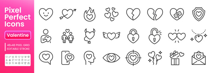 Valentine day line icon set. Heart, romantic gift, love, passion, relationship, empathy, divorce minimal vector illustrations. Simple outline signs for dating app. 48x48 Pixel Perfect Editable Stroke