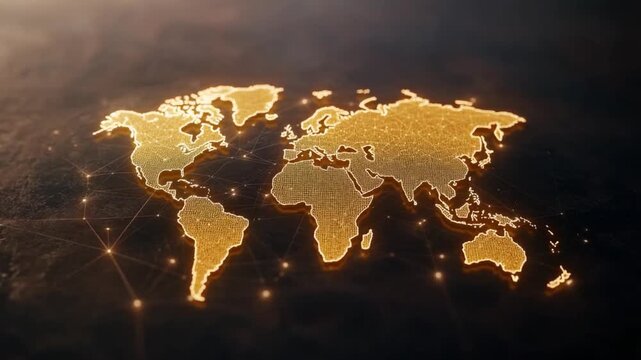 Global Connectivity: A luminous map of the world glows with interconnected nodes, symbolizing global communication and network connections, set against a dark, atmospheric backdrop. 
