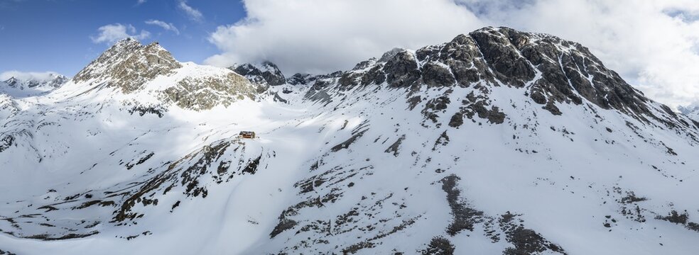 Aerial view, Piz Jenatsch and Piz Picuogl, winter in the mountains, Chamanna Jenatsch CAS, Swiss Alpine Club hut, Val Beve, Graub&uuml;nden, Switzerland
