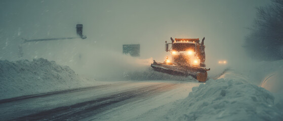 Snow plow action clearing roads in winter storm rural area photography snowy environment side view winter safety © KoShiiX
