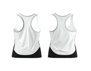 Two views of a white athletic tank top with black bottom layer