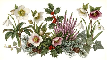 Beautiful Watercolor Illustration of Winter Flowers and Greenery Arrangement