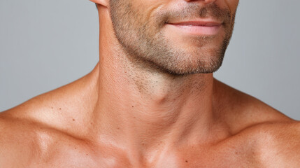 Obraz premium Male skin close up with tiny marks and imperfections on neck and shoulder, showing natural texture and slight facial hair, healthy and smooth skin under soft lighting
