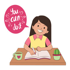 Little girl studying for her final exam with an inspiring quote you can do it. An icon vector design for sticker, card, wallpaper.