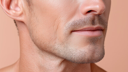 Obraz premium Ultra matte male jawline with subtle pore detail and soft facial hair on pastel peach background showing smooth skin texture and natural lip shape