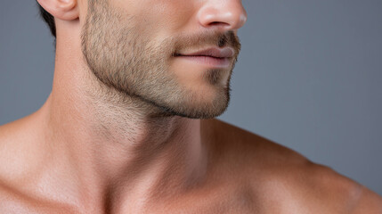 Obraz premium Velvety soft male skin with gentle gradient light grey studio background showing close up of jawline and neck with subtle facial hair and smooth texture, evoking calm and confidence