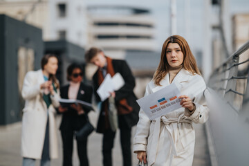 Obraz premium A businesswoman in a beige coat holds printed documents while standing on a city pedestrian bridge. A group of professionals chat and review papers blurred in the background.