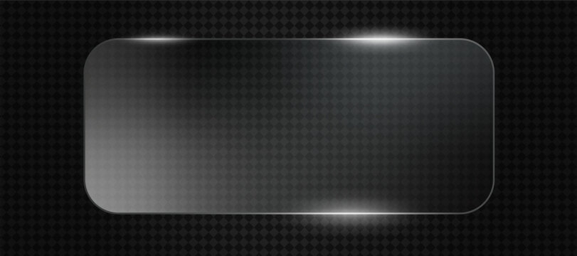 Rectangular glossy glass button with smooth rounded corners on dark background. Elegant transparent vector UI element with subtle reflections for modern tech interfaces, apps and digital panels