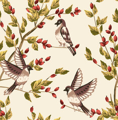 Botanical seamless pattern with rose hip berry and little sparrow bird on branch