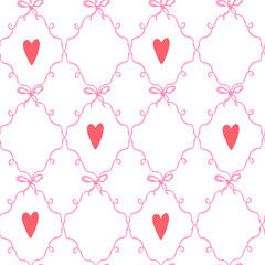 Valentine day seamless pattern with red hearts and pink bow