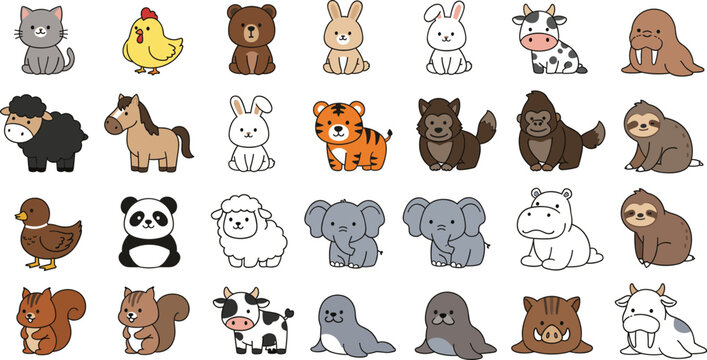 Large collection of cute kawaii cartoon animals including cat chicken bear rabbit cow walrus sheep horse tiger gorilla sloth panda elephant hippo