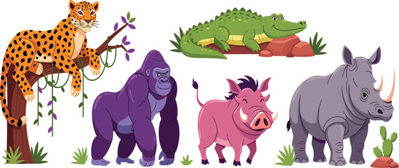 Set of wild african safari animal characters including spotted leopard on tree branch green crocodile purple gorilla pink warthog and grey rhinoceros isolated © Priyanka