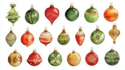 A festive collection of colorful Christmas ornaments featuring diverse shapes and patterns, perfect for holiday decoration.