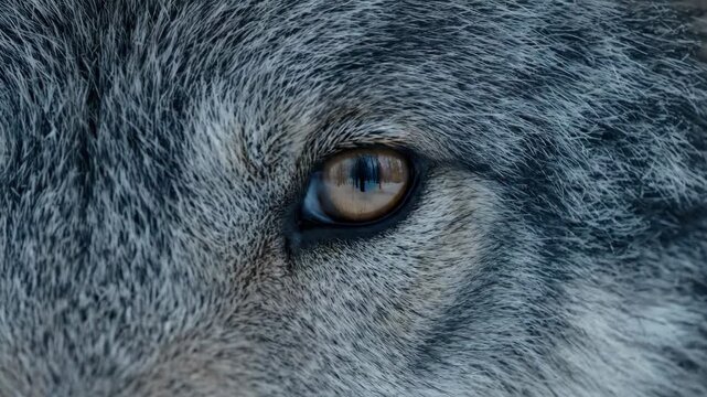 Close-up on a wolf eye with visible fur texture. Captivating gaze.