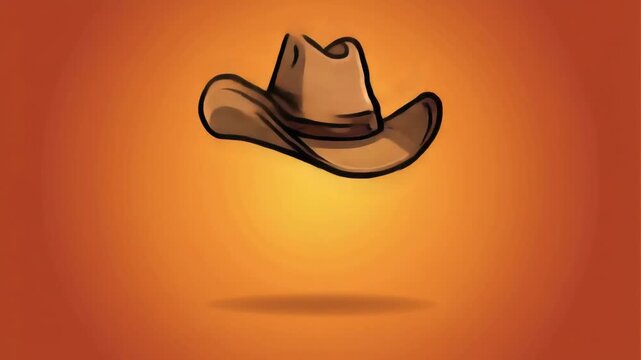 Illustrated Cartoon Cowboy Hat Floating on a Warm Orange Gradient Background with Bold Outlines