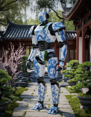 Powerful combat robot stands in traditional chinese garden, its future armor made of blue and white porcelain with dragon motif creating striking, serene contrast