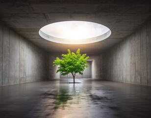 Single tree showing hope and growth inside large empty concrete hall. Bright light from above illuminates nature within modern minimalist architecture, serene concept