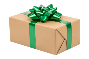 Gift Box Wrapped in Brown Kraft Paper with Shiny Green Ribbon and Bow