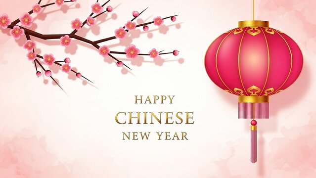 Happy Chinese New Year with Cherry Blossoms and Lantern