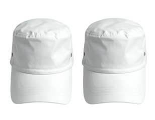 Two identical white hats with flat tops and brims