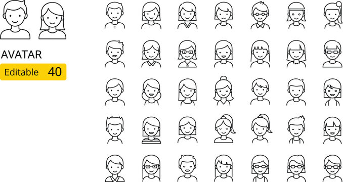 People avatar line icons set with diverse male and female character faces.People avatar line icons set with diverse male and female character faces.