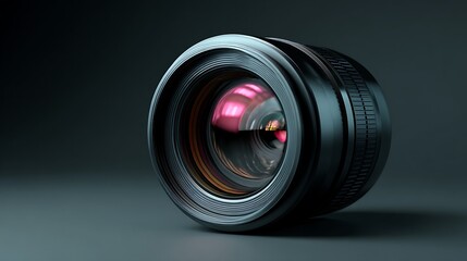 A closeup view of a camera lens with a pink reflection.