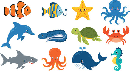 Collection of cute cartoon sea creatures including clownfish dolphin whale sea turtle seahorse octopus and shark isolated on a plain white background © Priyanka