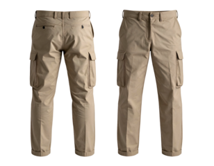 Khaki cargo pants, front and back views, professional style