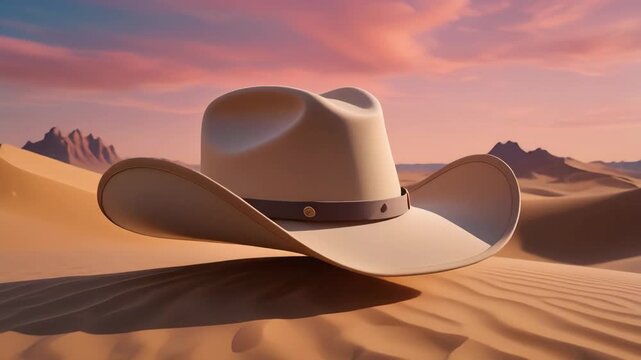 Authentic Cowboy Hat Resting on Sandy Dunes in a Scenic Desert Landscape at Sunset