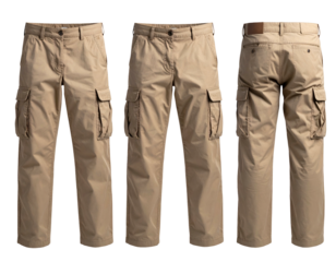 Three views of tan cargo pants, front, side, and back