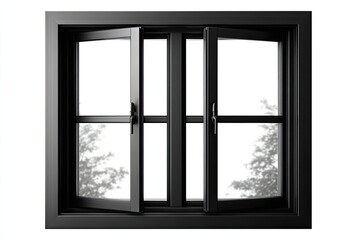 Black, open double-hung window with visible glass and tree reflection