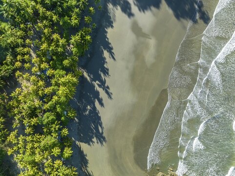 Top-down aerial view, ocean and coast with rainforest, Playa Ventanas, Puntarenas Province, Costa Rica