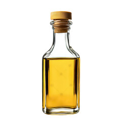 A clear glass bottle filled with golden oil. featuring a wooden cork. elegantly placed against a white background. ideal for culinary uses. food photography. or product advertising