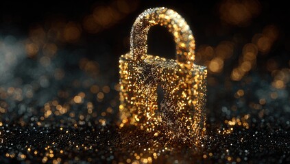 A close-up shot of a lock made of sparkling particles, set against a dark background