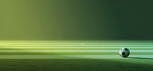 A single soccer ball rests on a field with green stripes under a gradient green background