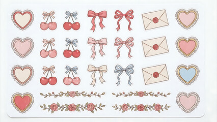 Charming collection of whimsical pastel graphic elements including hearts, cherries, bows, and envelopes for creative projects.