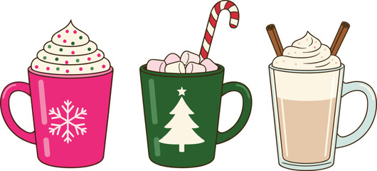 Set of Christmas holiday mugs with hot cocoa whipped cream and toppings.Set of Christmas holiday mugs with hot cocoa whipped cream and toppings.