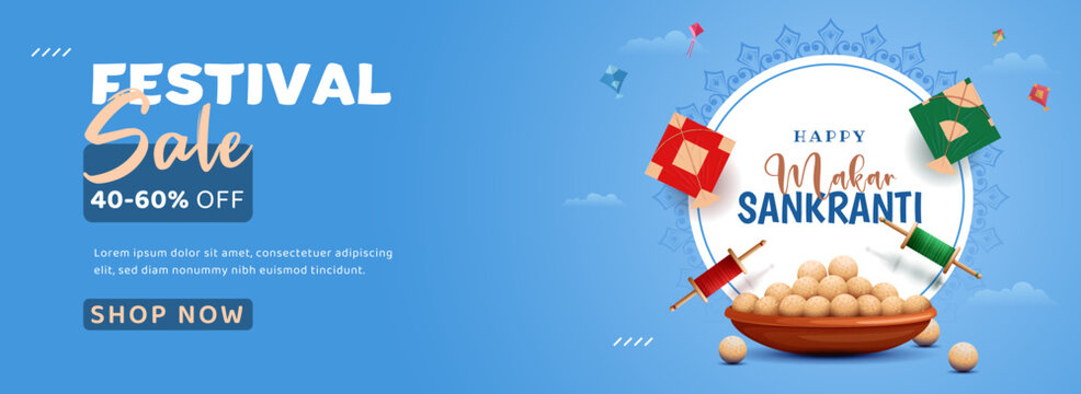 happy makar sankranti festival sale banner design with kites and ladoo pot on blue natural shiny background