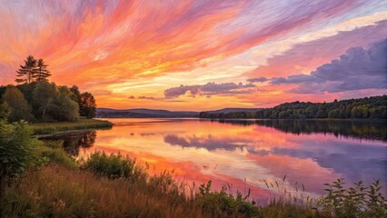Colorful sunset over calm lake with reflection, dramatic sky and peaceful water, nature landscape at dusk, evening light scenery, serenity and mindfulness background