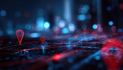 Dark digital cityscape with interconnected red lines, glowing pins, and blurred lights