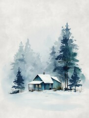 A serene winter landscape featuring a quaint wooden cabin surrounded by tall evergreen trees and soft falling snow.