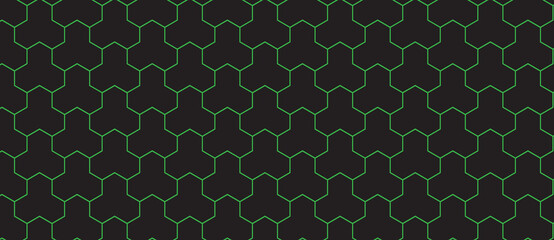 Obraz premium Abstract geometric pattern with interlocking hexagonal shapes in metallic green on a dark background