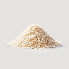 Pile of uncooked white rice on a light background, showcasing the texture and shape of the grain in a simple presentation