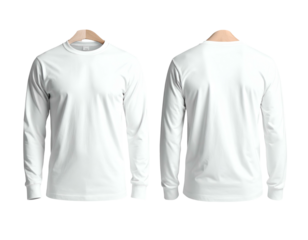 Two blank white long-sleeve t-shirts, front and back views