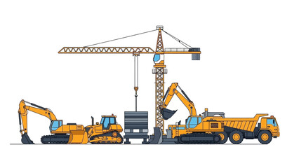 Construction Site with Crane, Excavators, and Dump Truck Illustration. © crsnd